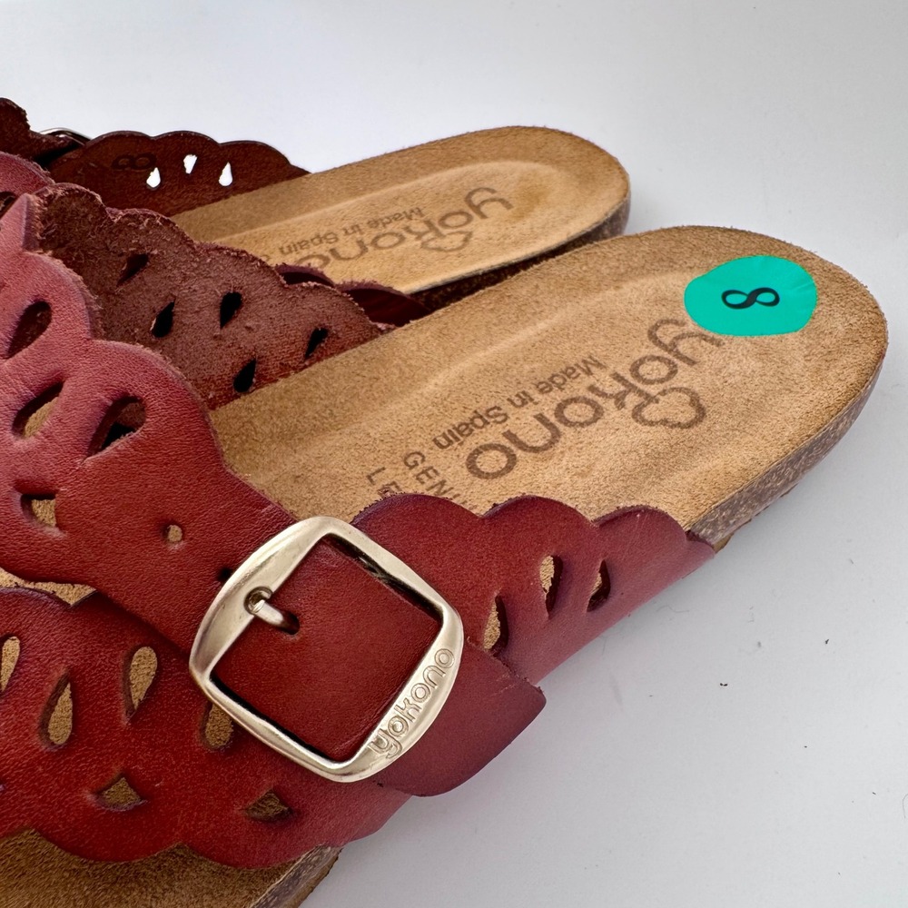 Yokono Ibiza Dark Red Leather Scalloped Toe Loop Cork Sandals Made in Spain | 8 - Picture 5 of 8